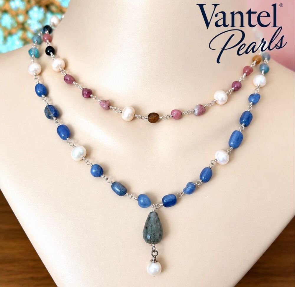 Vantel Pearls Blue Kyanite Multicolor Gemstone Pearl Necklace 925 Clasp